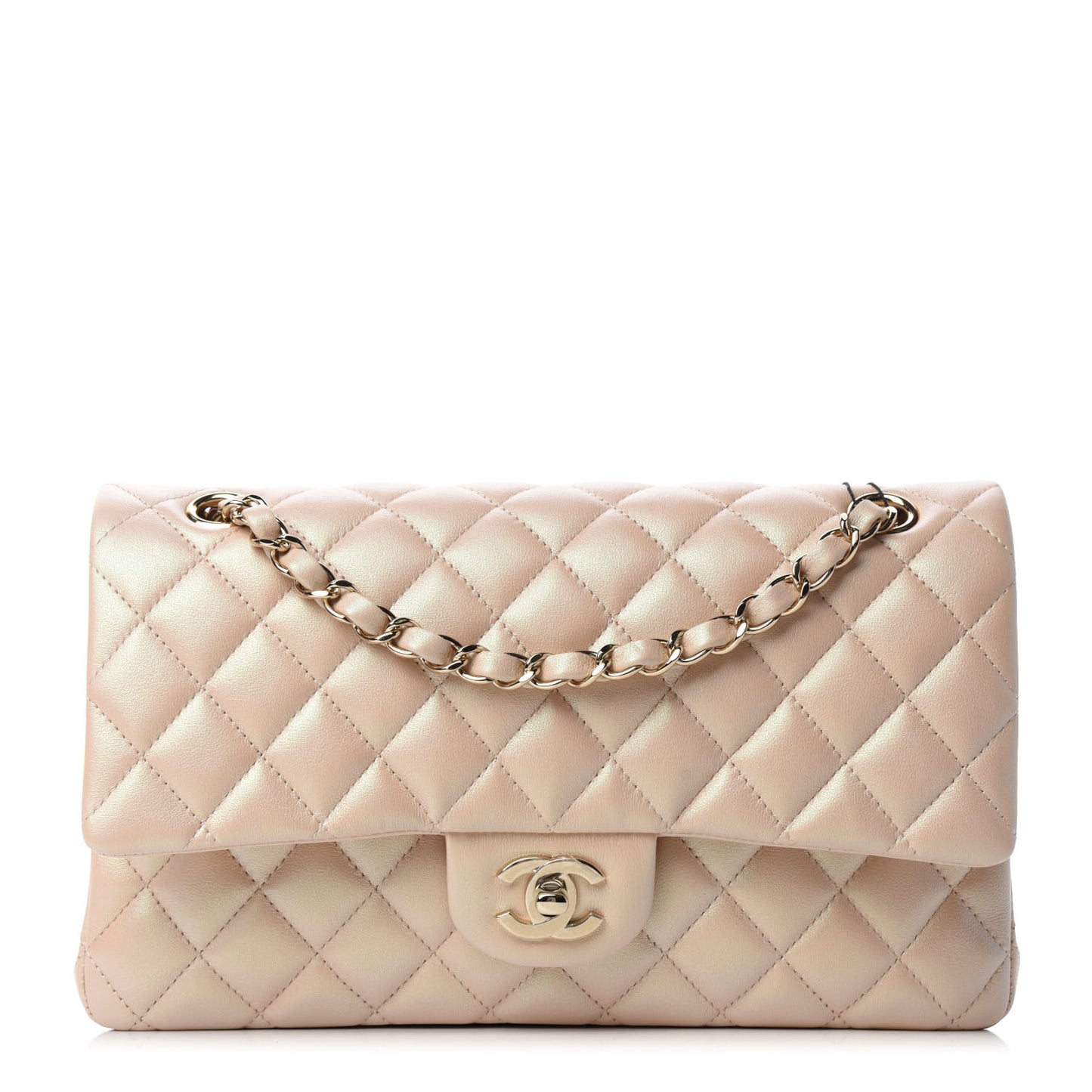 Iridescent Calfskin Quilted Medium Double Flap Beige