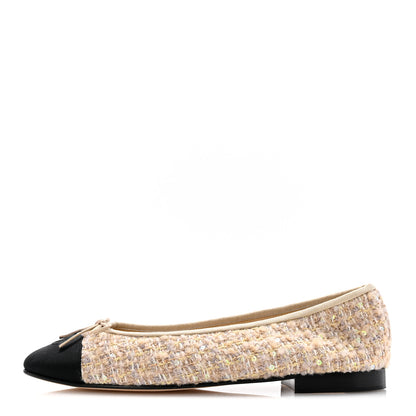 Chanel Glittered Tweed Sequin Grosgrain Cap Toe Ballet Flats 41 Beige Light Yellow Ecru Black 1 of 10