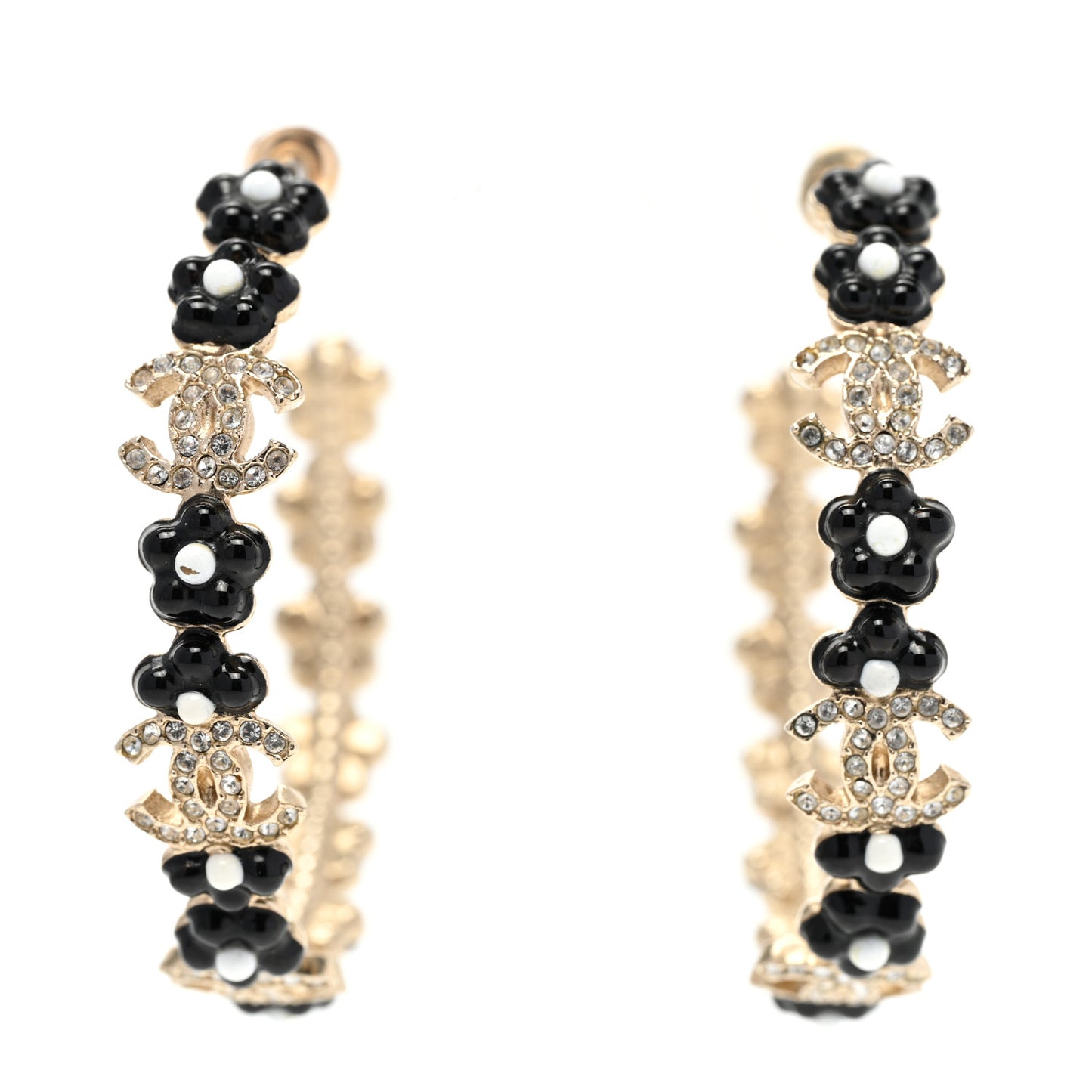 Metal Strass Crystal Flower CC Hoop Earrings Gold Black White
