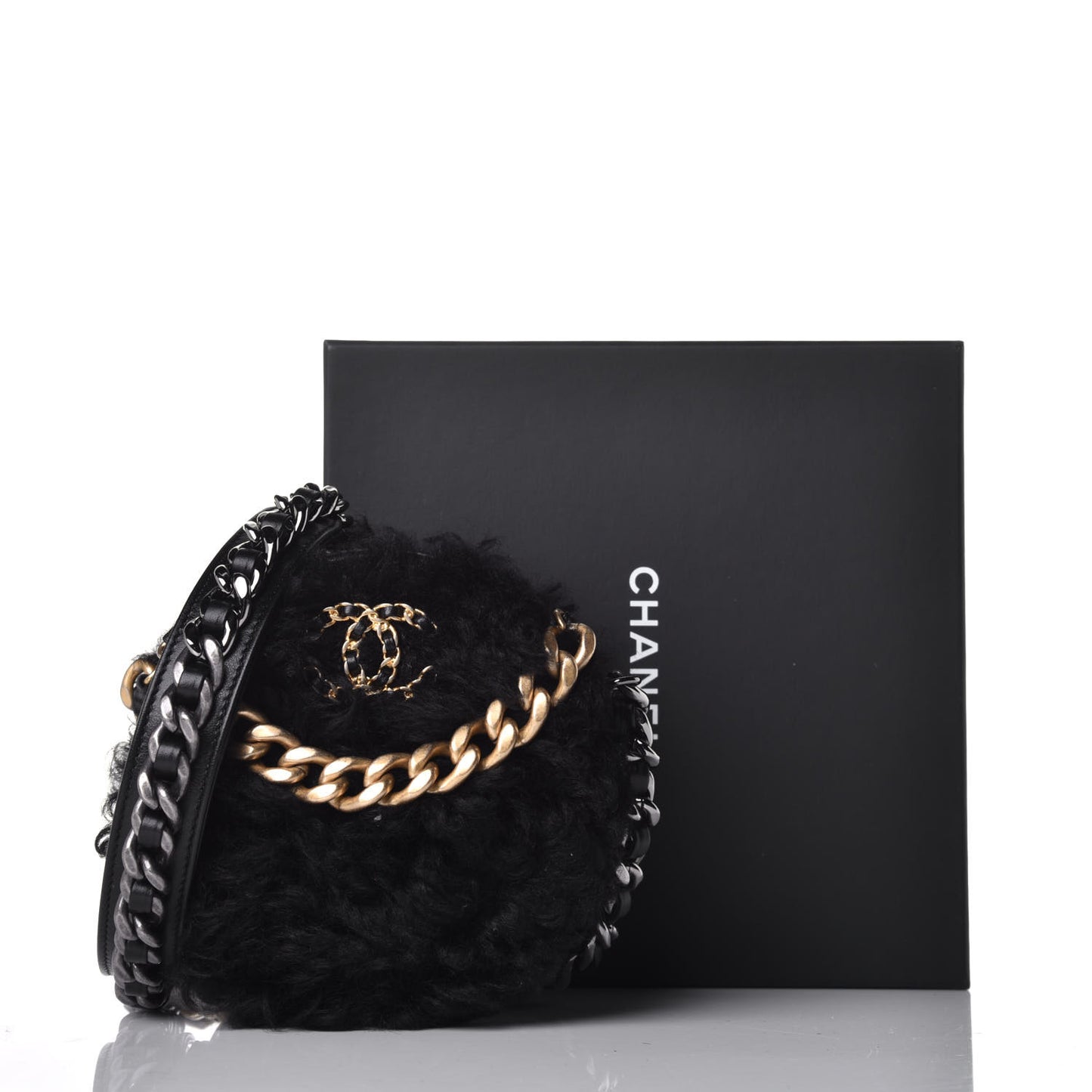 Shearling Sheepskin Chanel 19 Round Clutch With Chain Black