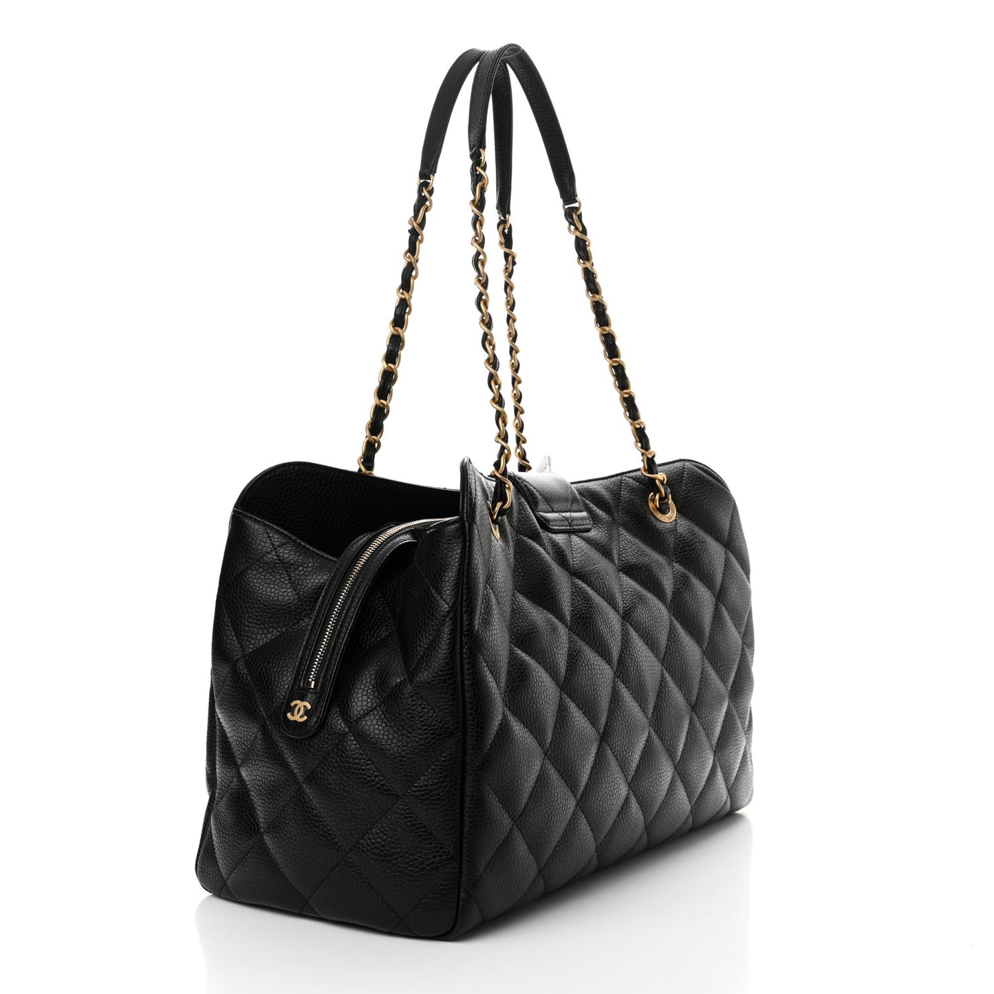Metallic Grained Calfskin Quilted Shopping Tote Black
