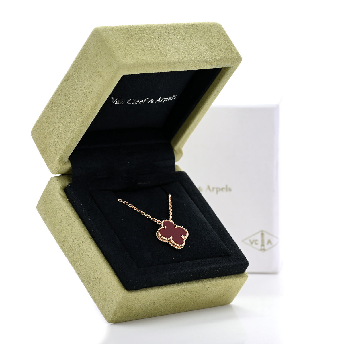 Van Cleef & Arpels 18K Yellow Gold Carnelian Vintage Alhambra Pendant Necklace 6 of 6
