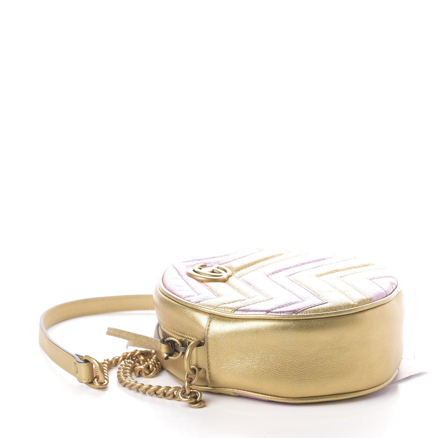 Metallic Nappa Matelasse Heart Mini GG Marmont Round Shoulder Bag Oro Vecchio Rosa