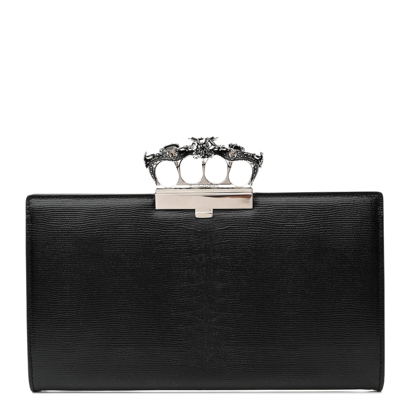 Calfskin Lizard Embossed Knuckle Flat Clutch Black