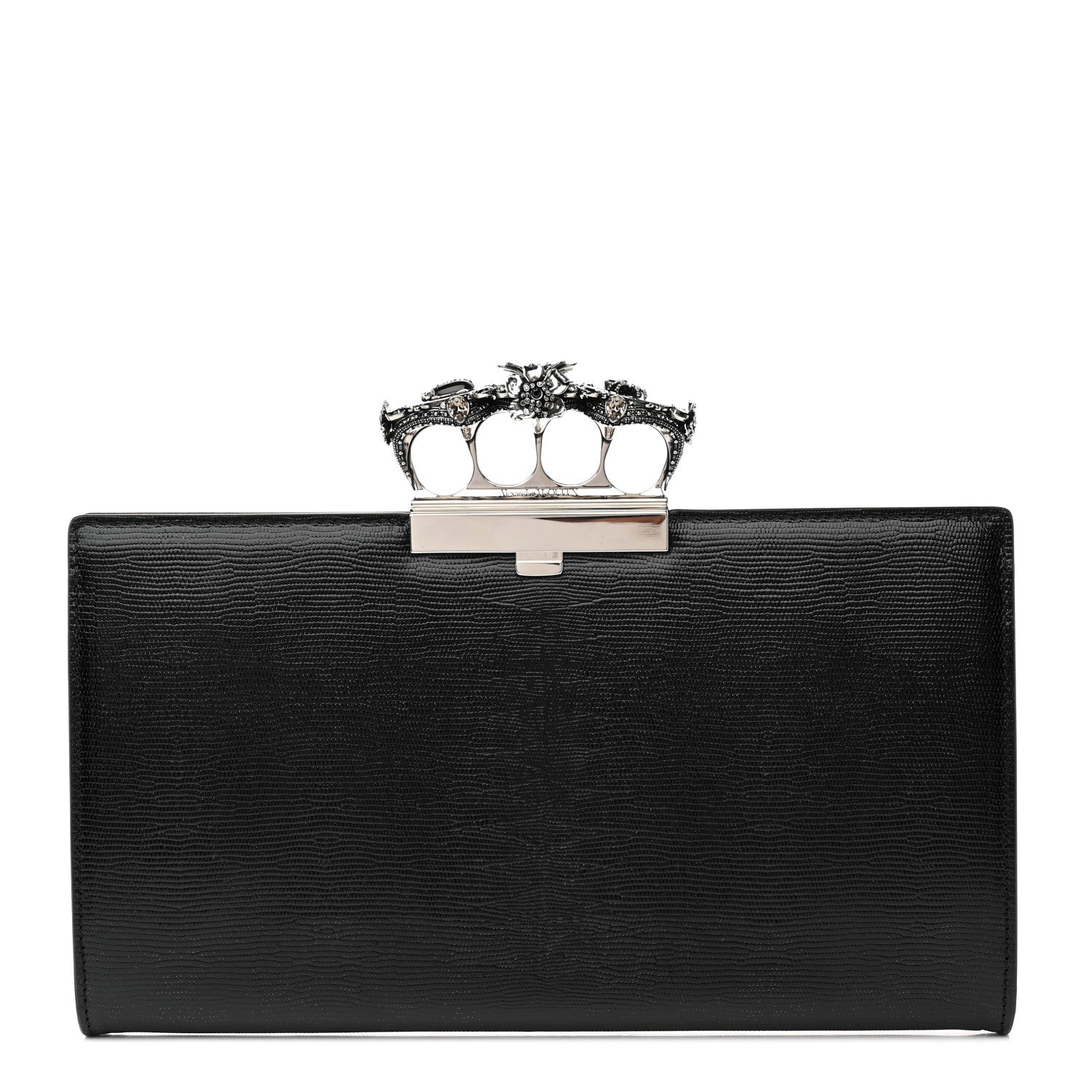Alexander McQueen Calfskin Lizard Embossed Knuckle Flat Clutch Black 1 of 9