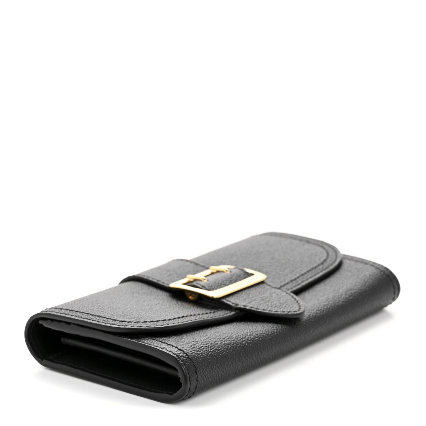 Grainy Calfskin Buckle Detail Flap Wallet Black