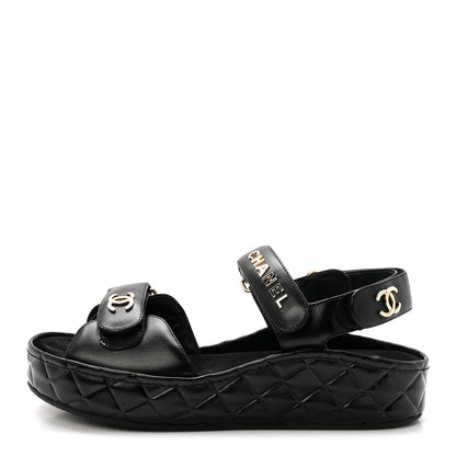 Chanel Shiny Calfskin Logo Platform Sandals 38 Black 1 of 10