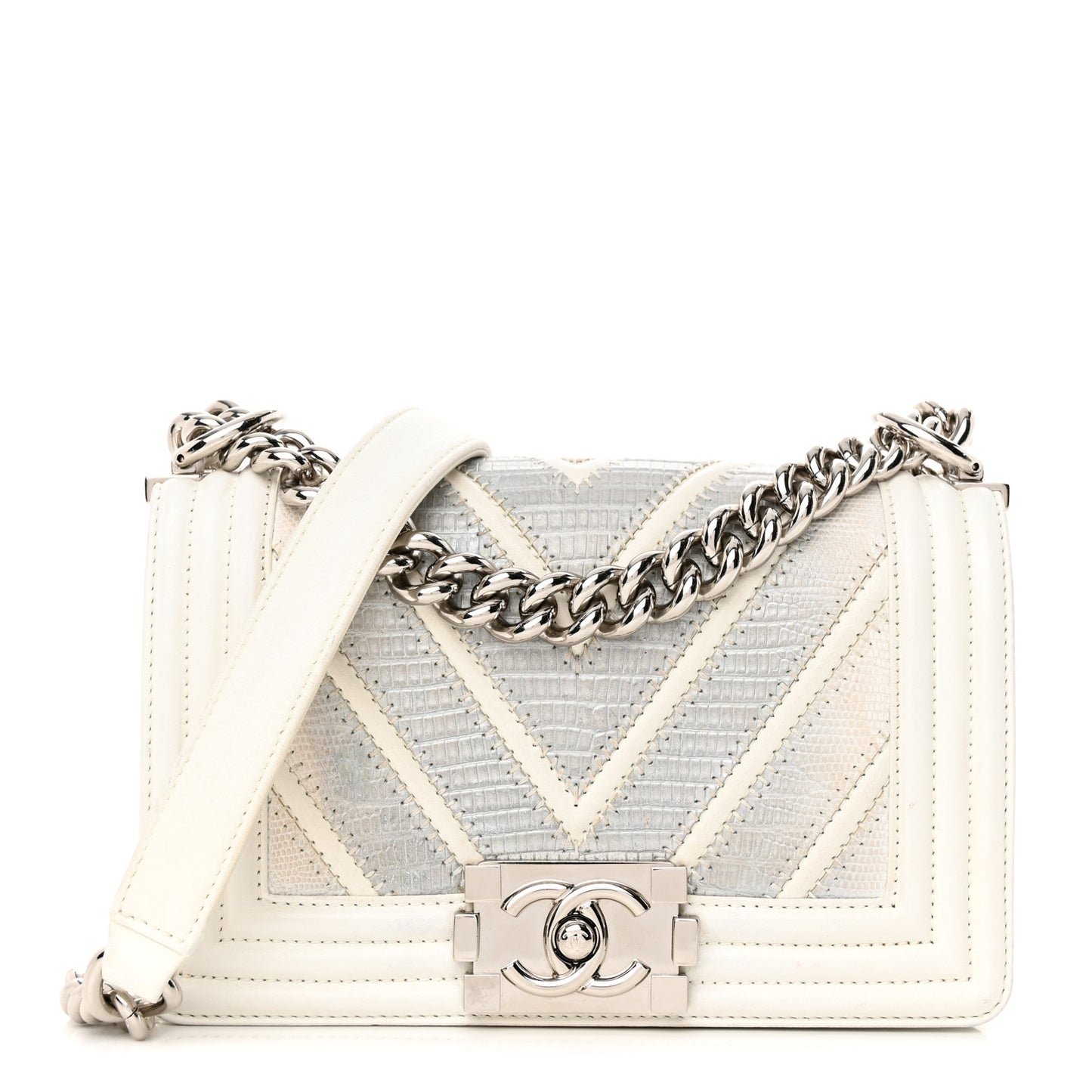 Lizard Chevron Stitched Small Boy Flap White Silver