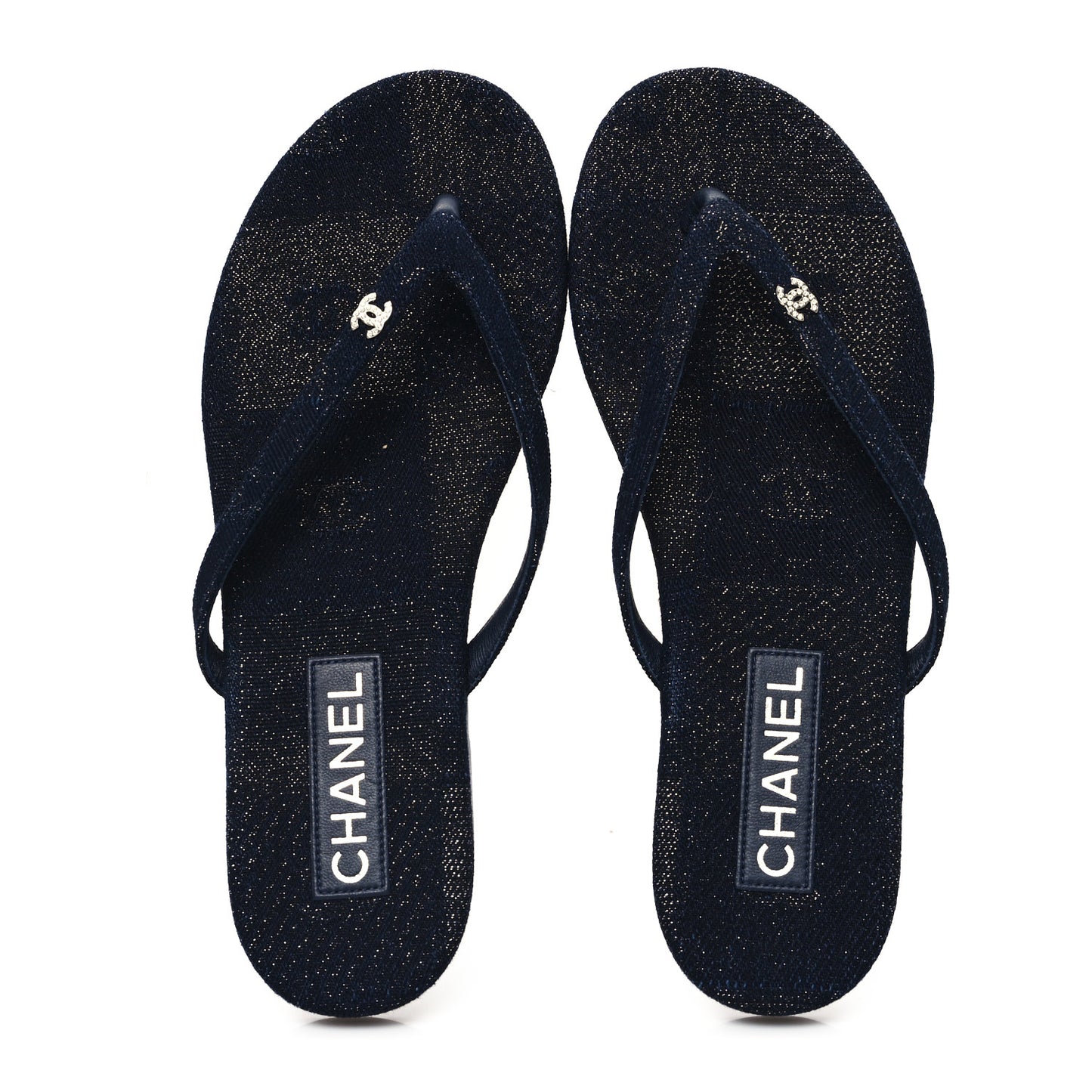 Cotton SIlk Crystal CC Thong Sandals 40 Dark Blue Silver