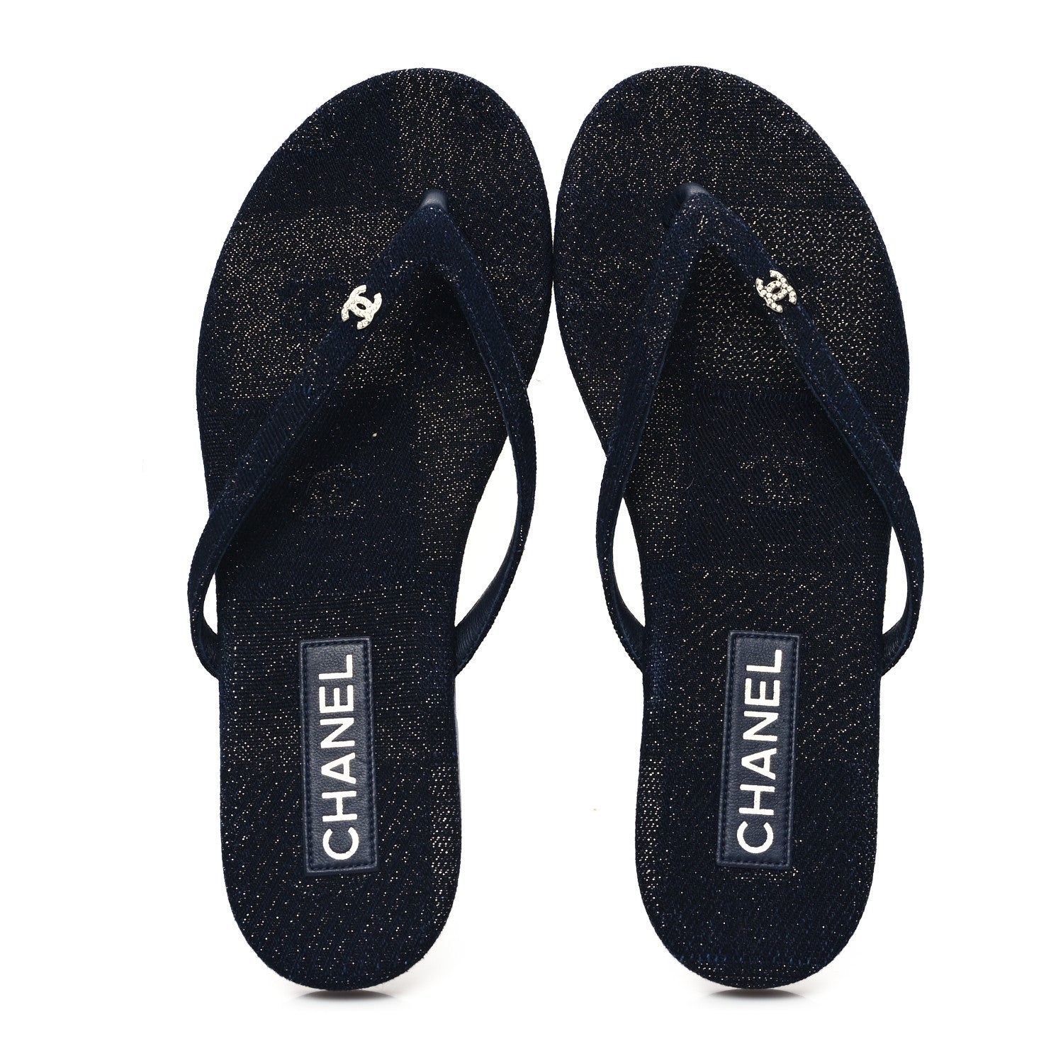 Chanel Cotton SIlk Crystal CC Thong Sandals 40 Dark Blue Silver 2 of 10
