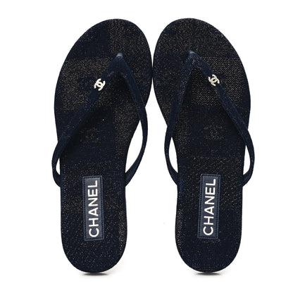 Chanel Cotton SIlk Crystal CC Thong Sandals 40 Dark Blue Silver 2 of 10