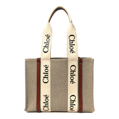 Chloe Linen Calfskin Medium Woody Ribbon Tote White Brown 1 of 11