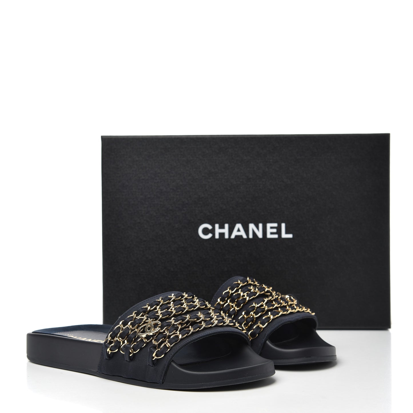 Satin Canvas Chain Slides Sandals Flats 38 Marine