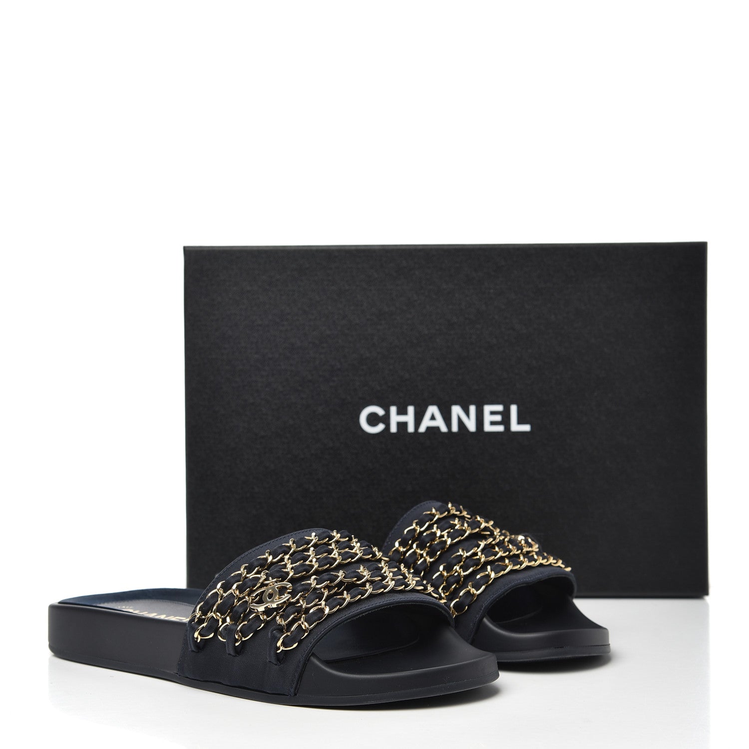 Chanel Satin Canvas Chain Slides Sandals Flats 38 Marine 13 of 13