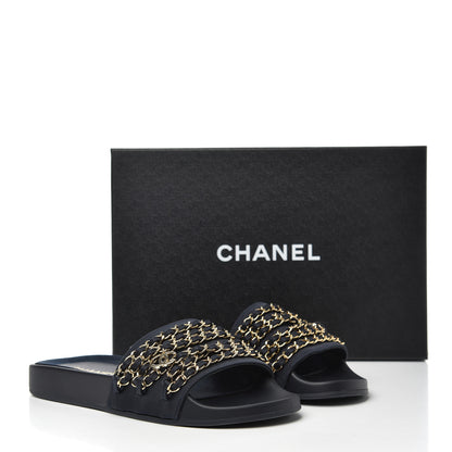 Chanel Satin Canvas Chain Slides Sandals Flats 38 Marine 13 of 13