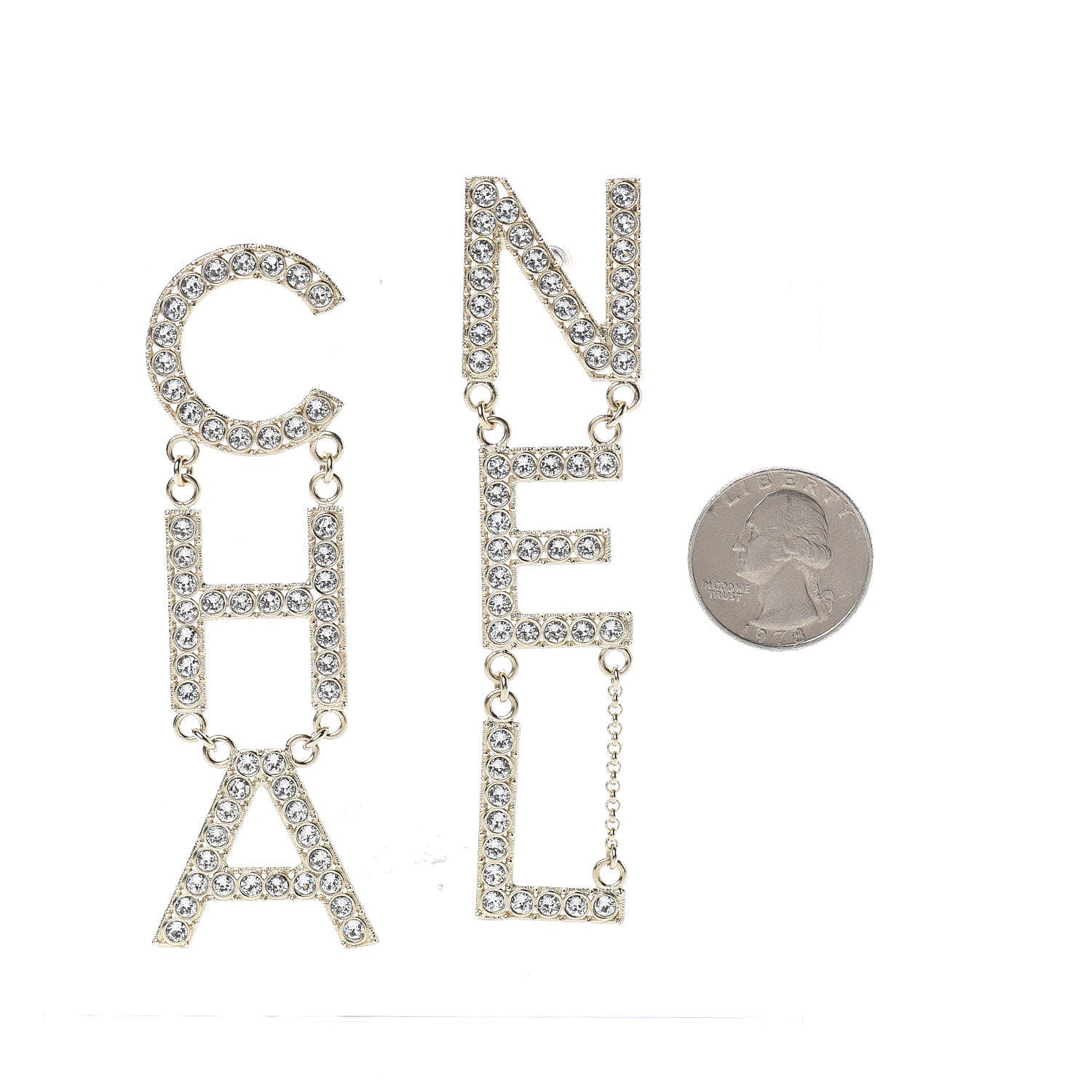 Chanel Crystal Cha-Nel Logo Drop Earrings Gold 2 of 5