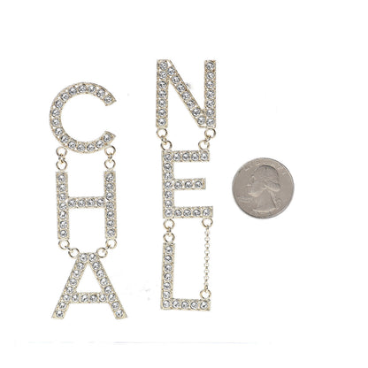 Chanel Crystal Cha-Nel Logo Drop Earrings Gold 2 of 5
