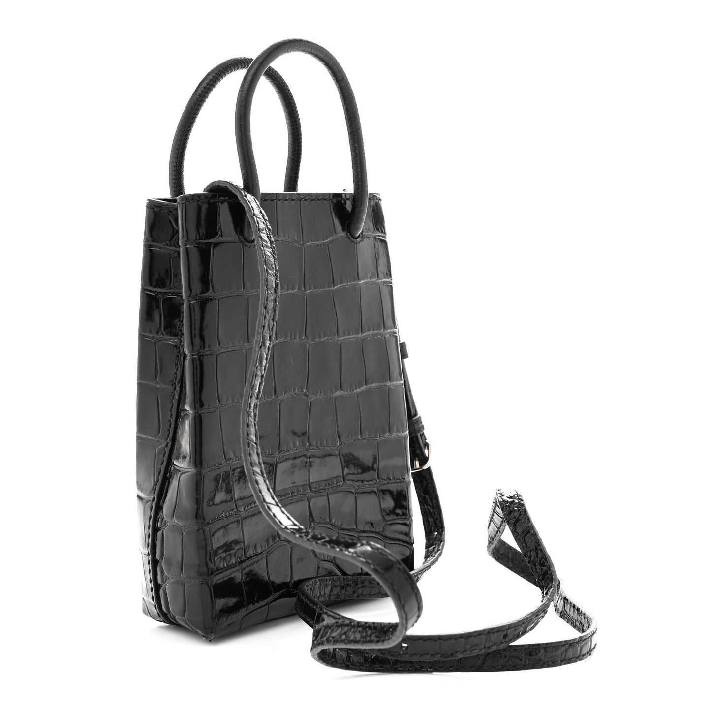 Calfskin Crocodile Embossed Logo Shopping Phone Holder Bag Black