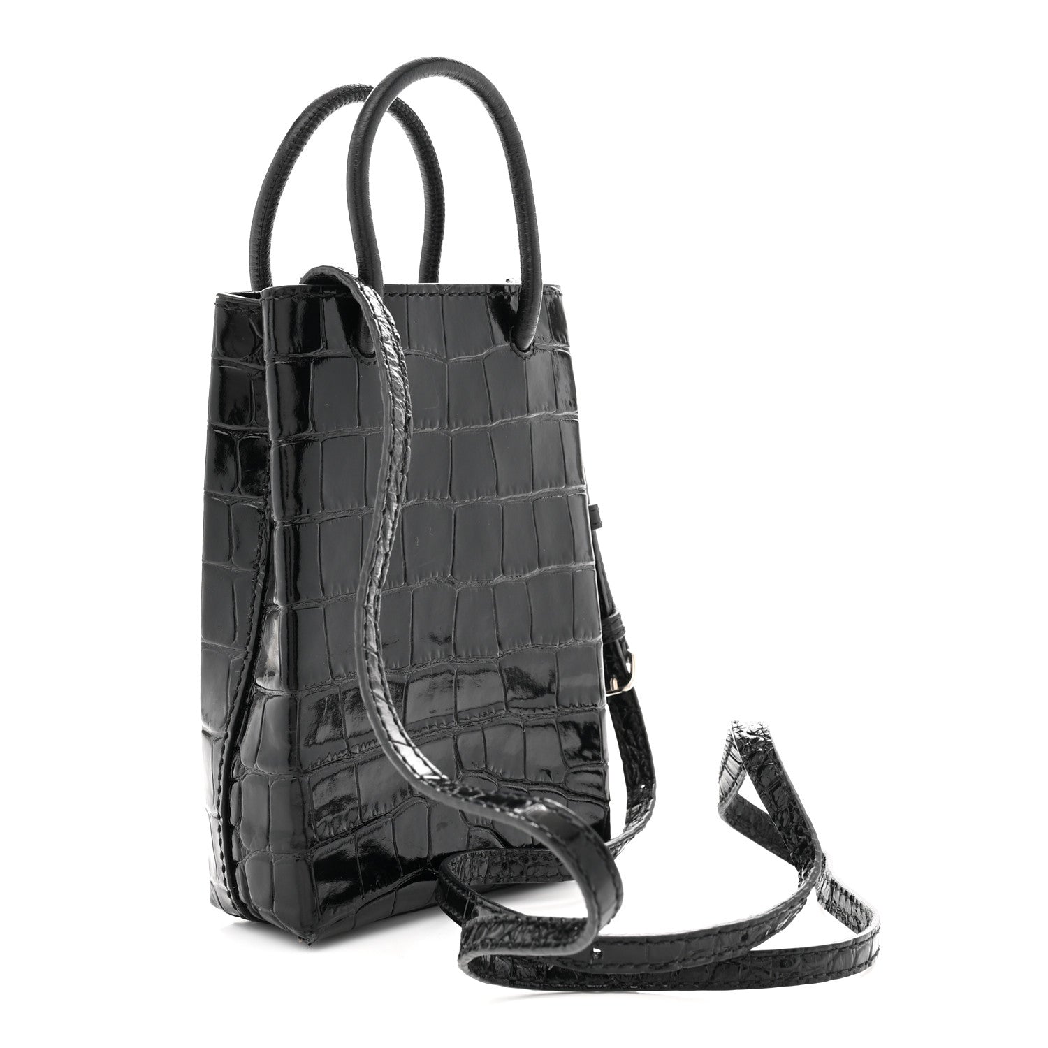 Balenciaga Calfskin Crocodile Embossed Logo Shopping Phone Holder Bag Black 3 of 9