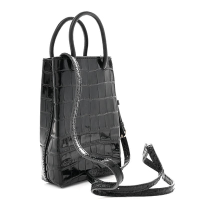 Balenciaga Calfskin Crocodile Embossed Logo Shopping Phone Holder Bag Black 3 of 9