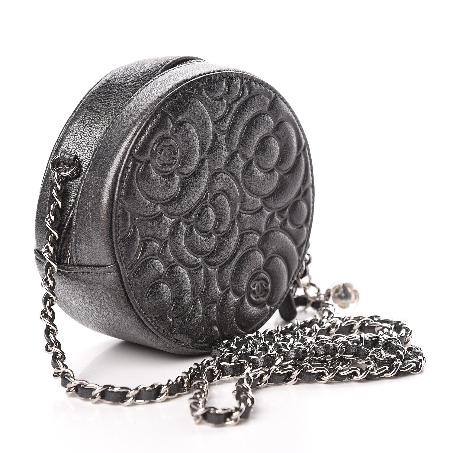 Chanel Goatskin Camellia Quilted Round Clutch With Chain Grey 3 of 10