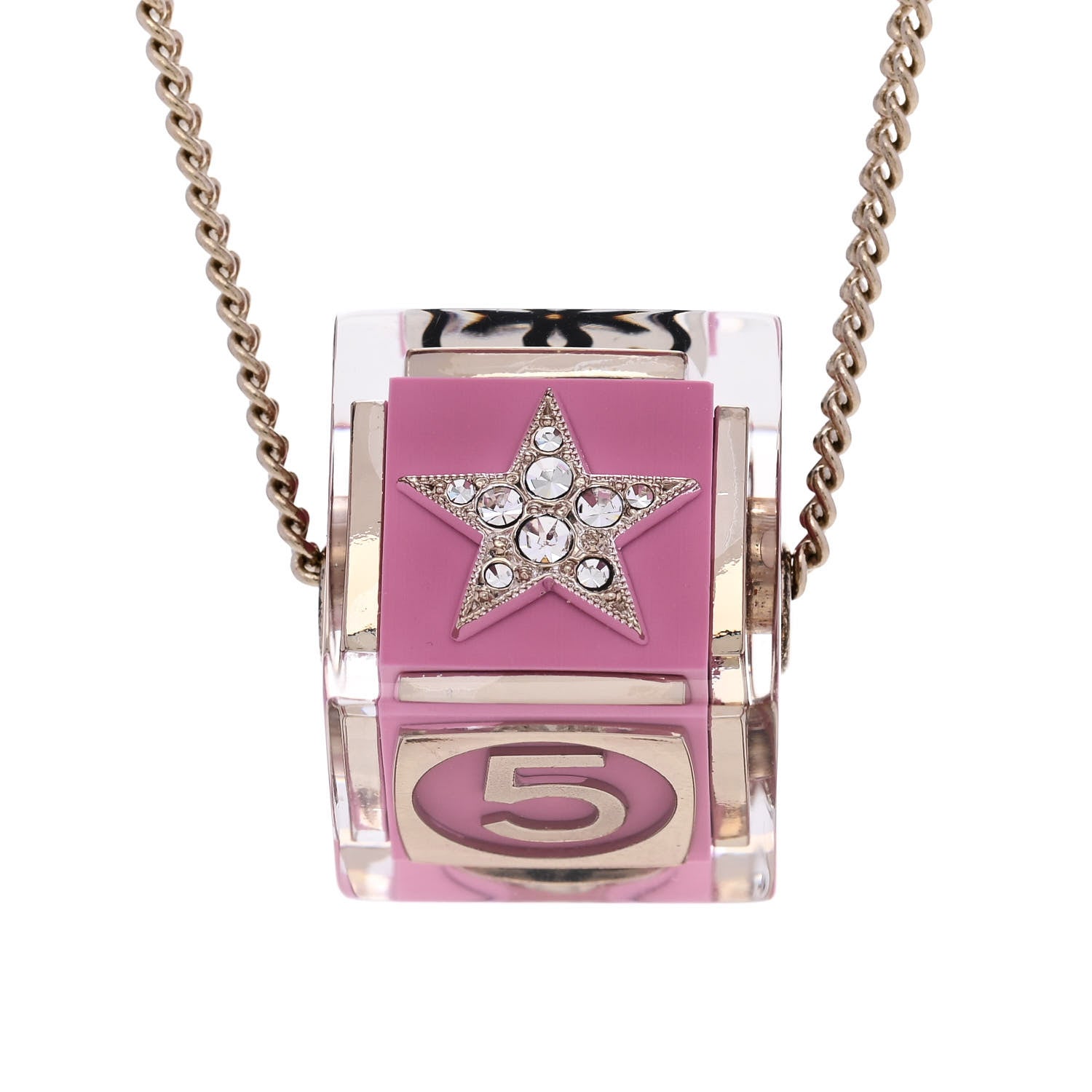 Chanel Resin Crystal CC Cube Necklace Gold Pink 5 of 7