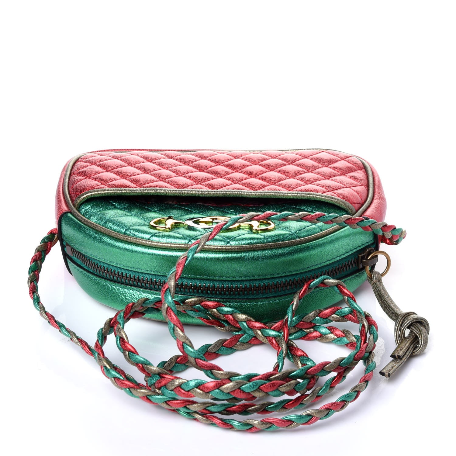 Gucci Laminated Nappa Trapuntata Mini Zumi Dome Shoulder Bag Rosso Jasmine Green Rame 10 of 13