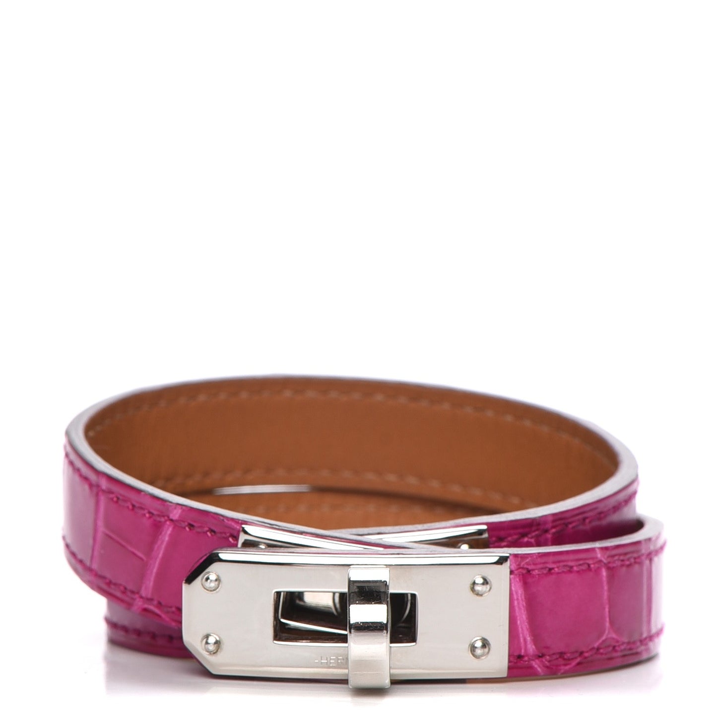 Shiny Alligator Kelly Double Tour Bracelet S Fuchsia