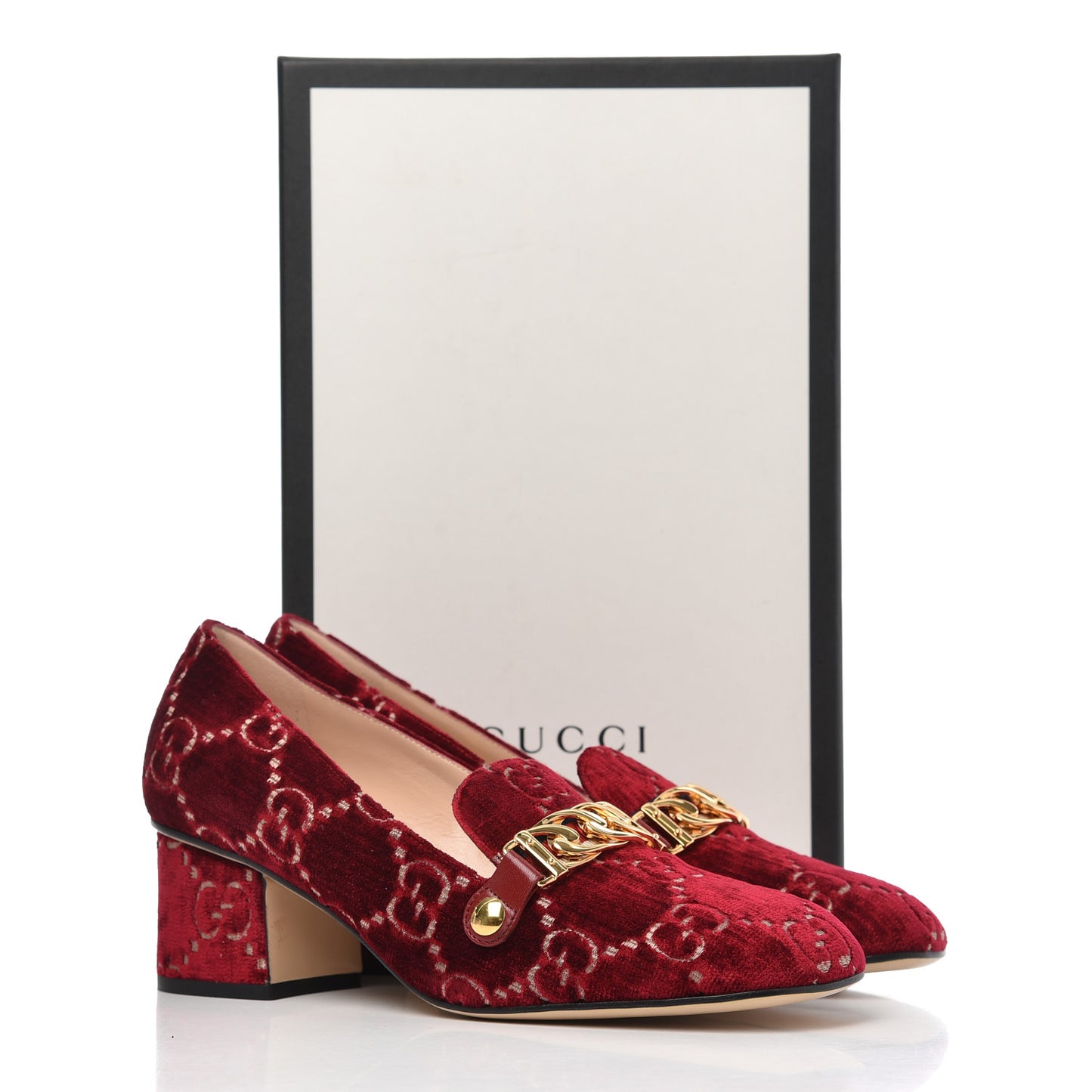Velvet GG Monogram Sylvie Web Chain Mid Heel Loafers 38 Red Cipria