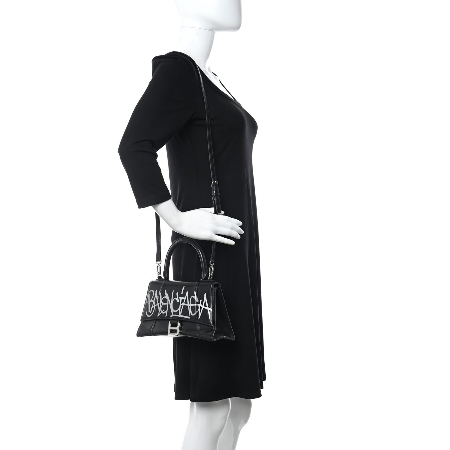 Shiny Box Calfskin Graffiti Logo Small Hourglass Top Handle Bag Black Silver