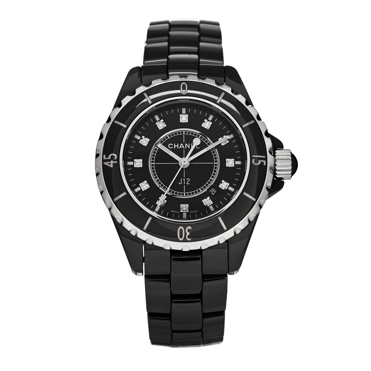 Chanel Stainless Steel Ceramic Diamond 33mm J12 Quartz Watch Black 1 of 5