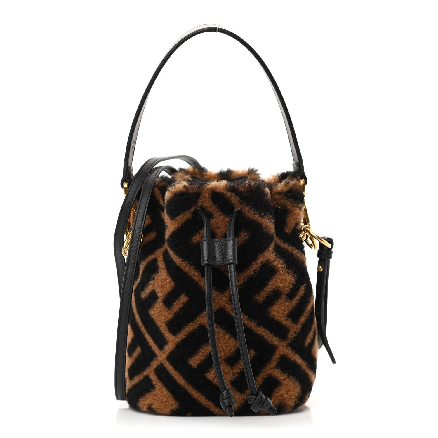 Fendi Shearling Vitello Dolce F is Fendi Macro FF 1974 Mini Mon Tresor Bucket Bag Tobacco Black 1 of 11