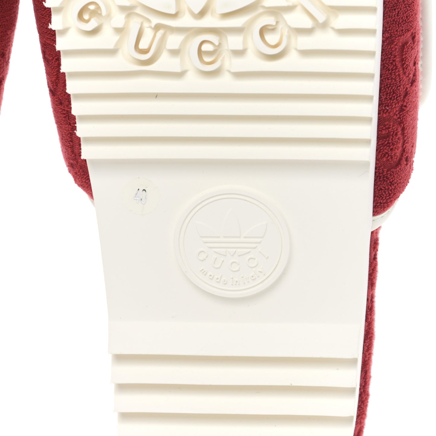 X ADIDAS Terry Cloth Trefoil GG Monogram Mens Platform Sandals 40 Maple Red Off White