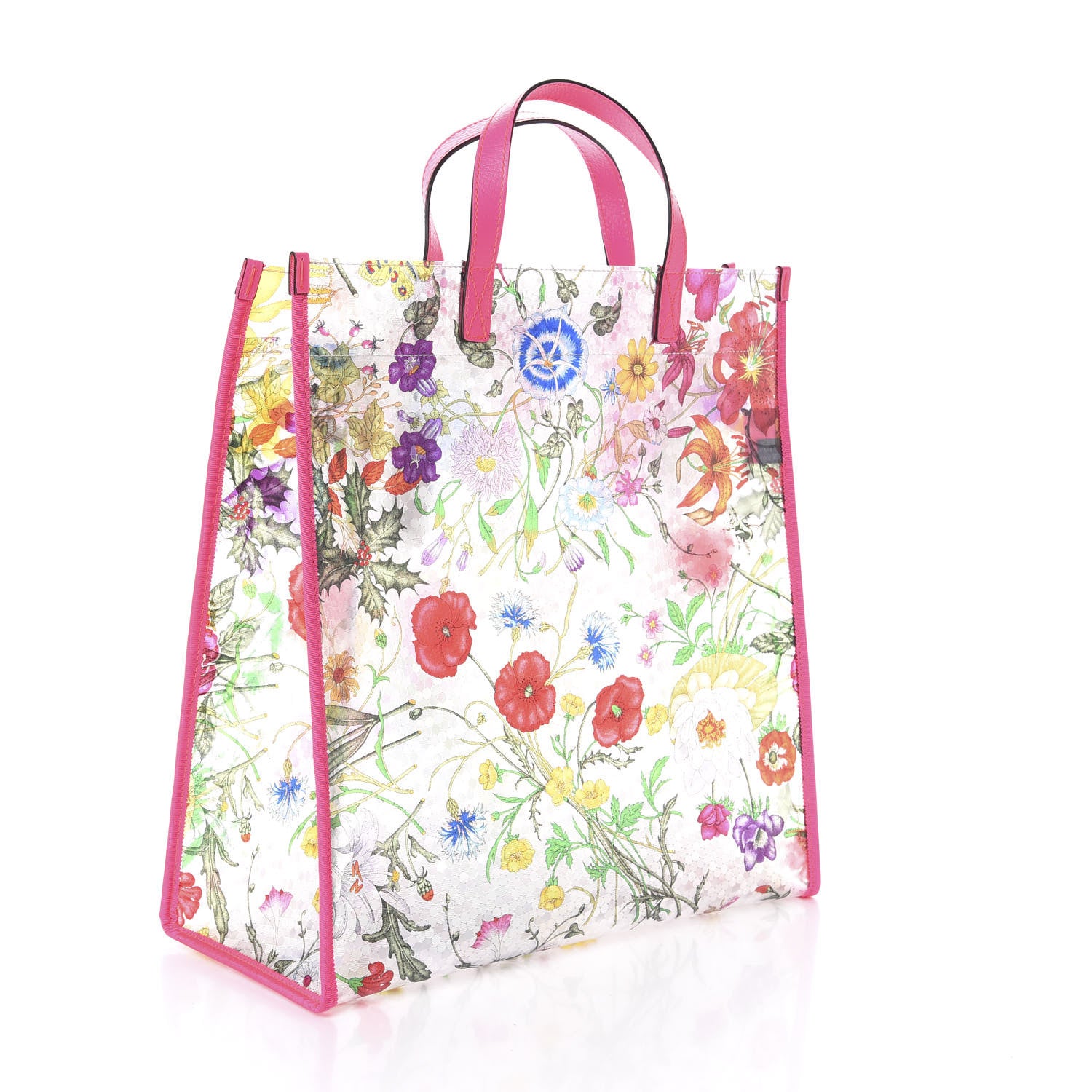 Gucci Calfskin Textured Vinyl Print Flora Tote Fluorescent Fuchsia 3 of 9