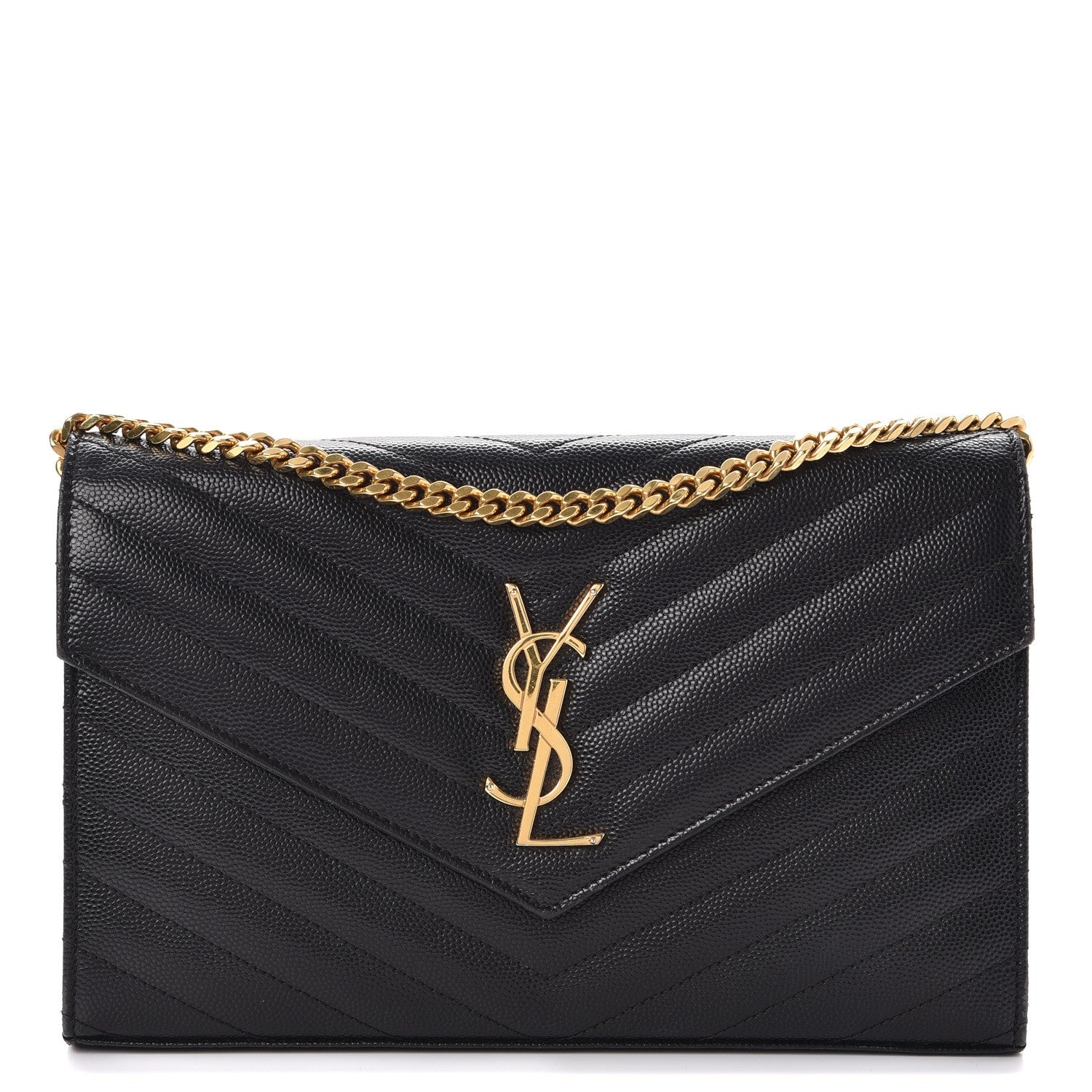 Saint Laurent Grain De Poudre Matelasse Chevron Monogram Chain Wallet Black 1 of 8