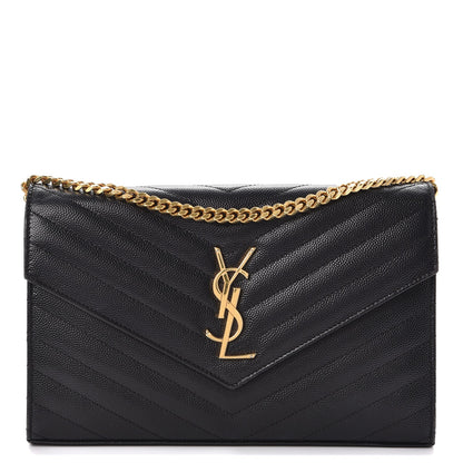 Saint Laurent Grain De Poudre Matelasse Chevron Monogram Chain Wallet Black 1 of 8