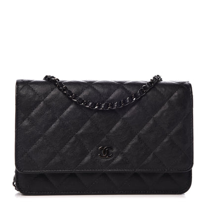 Chanel Crumpled Calfskin Quilted Wallet On Chain WOC So Black 1 of 9