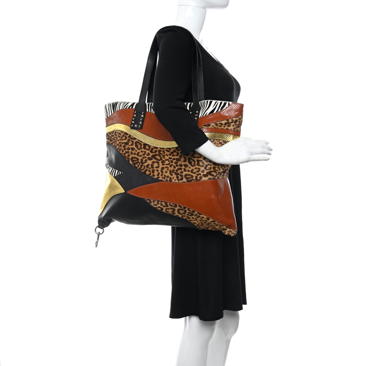 Metallic Calfskin Snakeskin Embossed Pony Hair Print Nomad Patchwork Tote Bag Black Multicolor