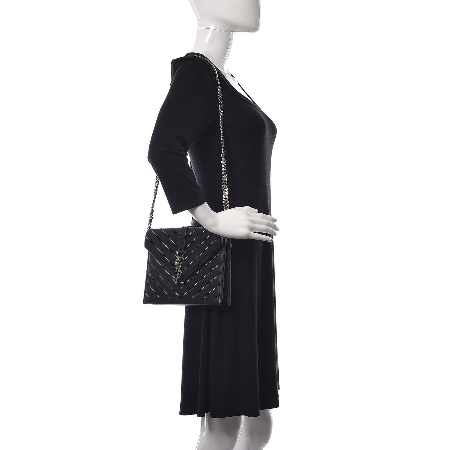Calfskin Monogram Chevron Studded Shoulder Bag Black