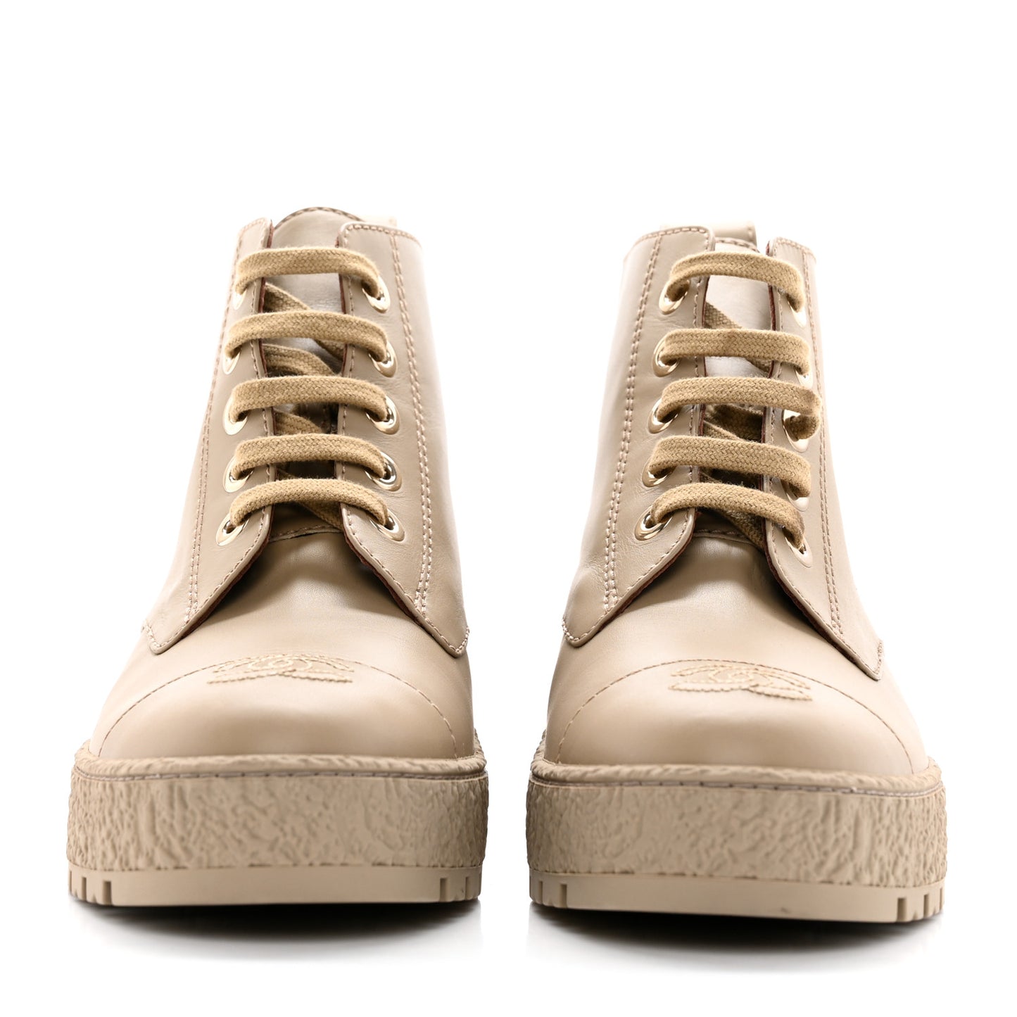 Calfskin CC Turnlock Lace Up Boots 38.5 Beige