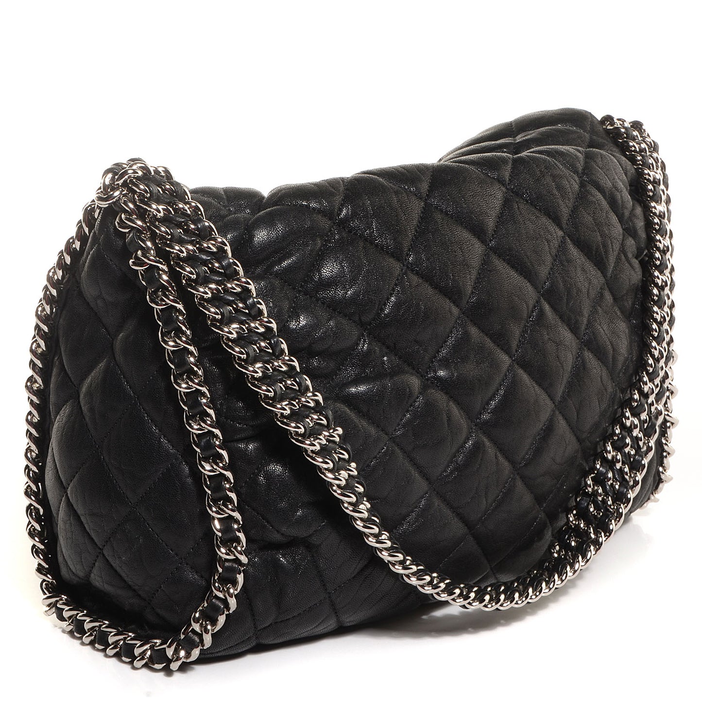 Crumpled Lambskin Chain Around Hobo Black