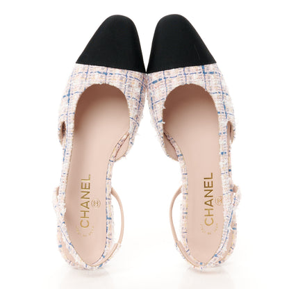 Chanel Tweed Grosgrain Cap Toe Slingback Flats 39 White Blue Pink 2 of 10