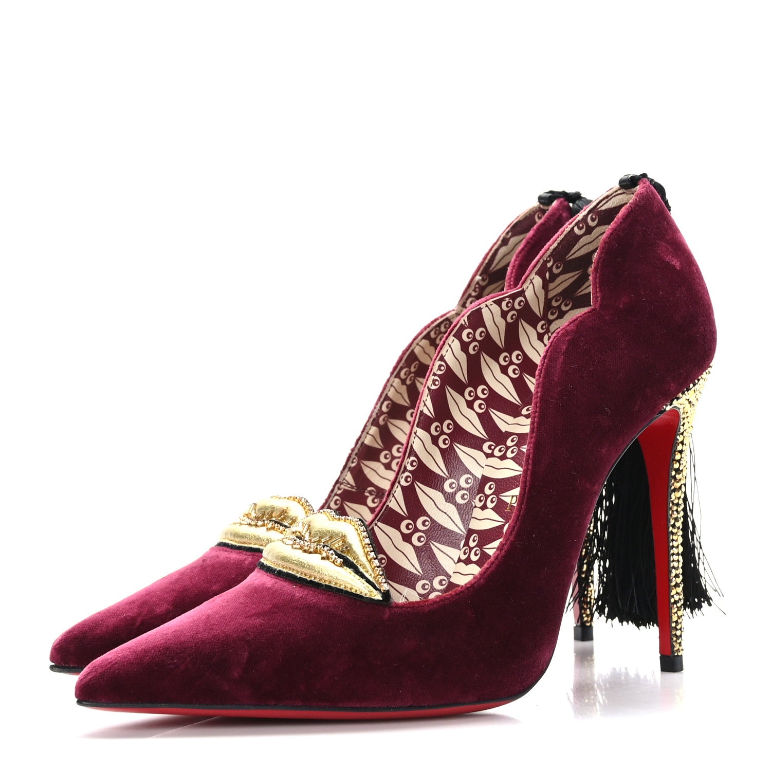 Christian Louboutin Veau Velours Suede Hot Chick 100 Kiss Pumps 38 Burgundy Gold 3 of 8