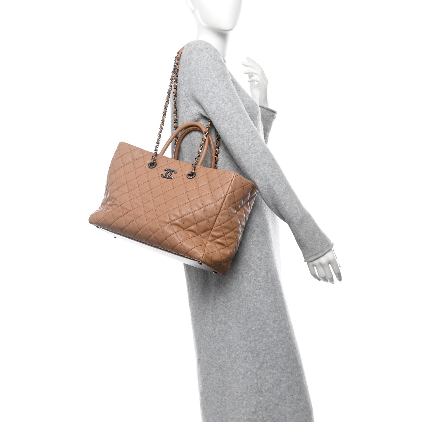 Caviar Quilted Large Coco Handle Shopping Tote Beige
