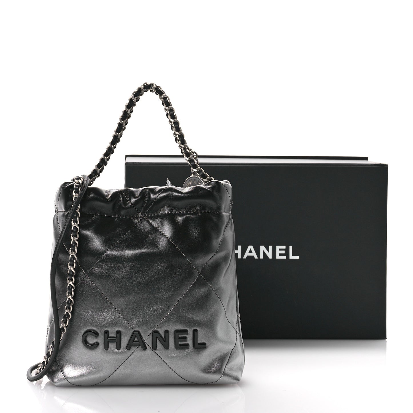 Metallic Shaded Calfskin Quilted Mini Chanel 22 Black Silver