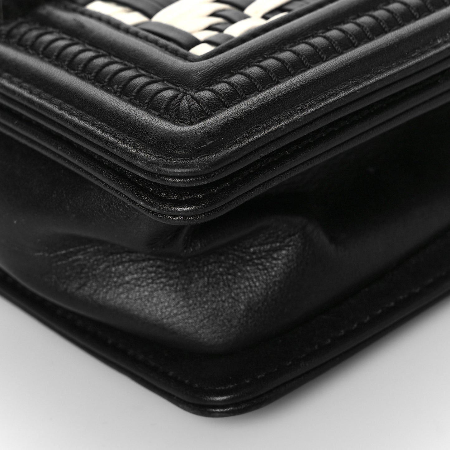 Calfskin Woven Small Boy Flap Black White