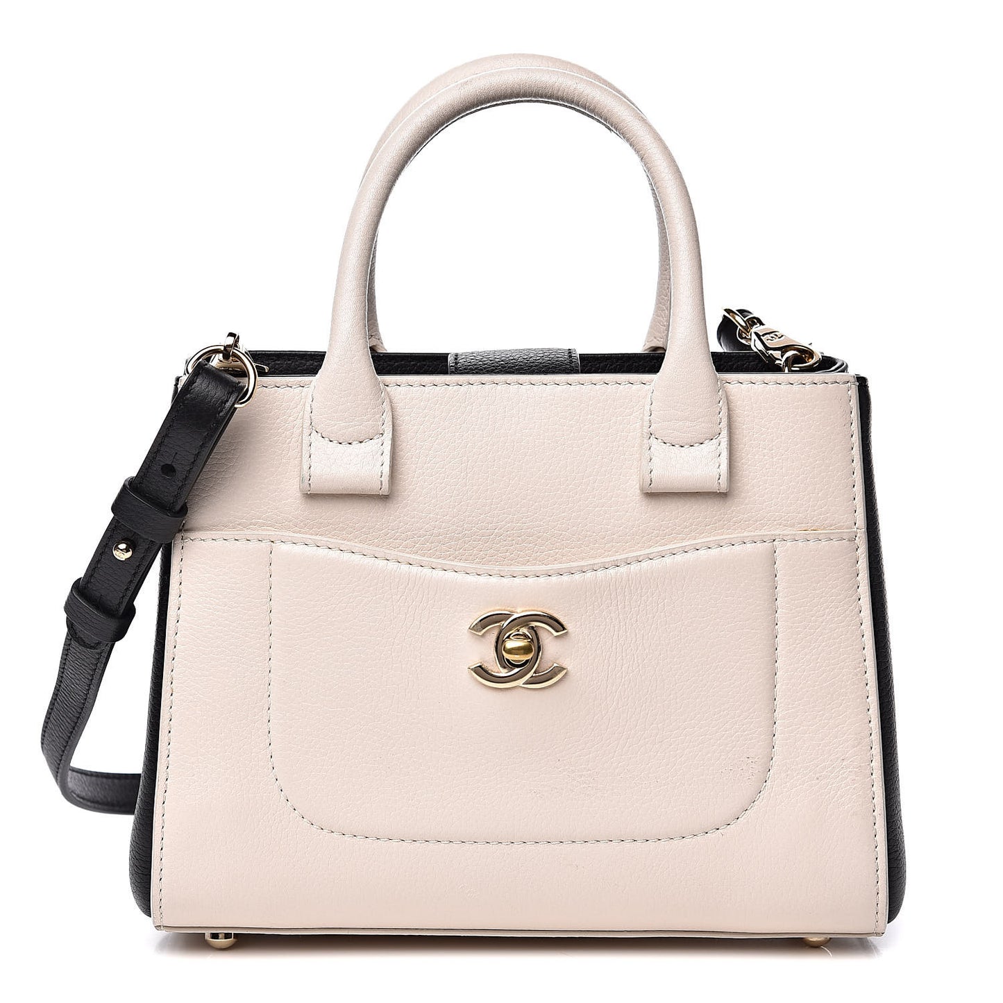 Grained Calfskin Mini Bi-Color Neo Executive Shopper Tote Beige Black