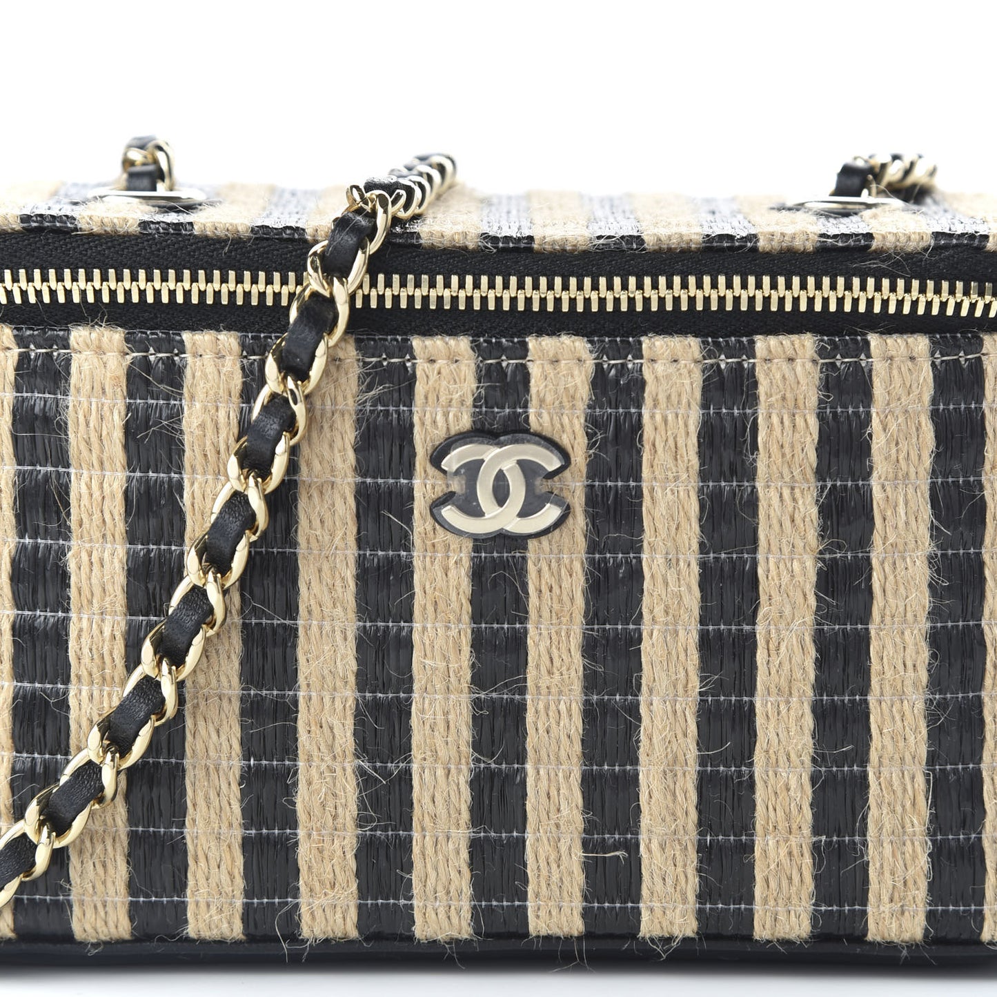 Raffia Jute Striped Small Vanity Case With Chain Black Beige