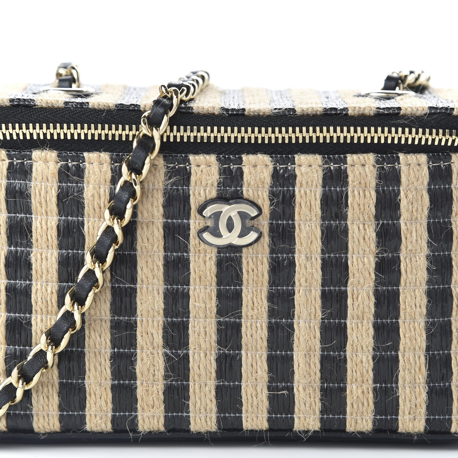 Chanel Raffia Jute Striped Small Vanity Case With Chain Black Beige 10 of 10