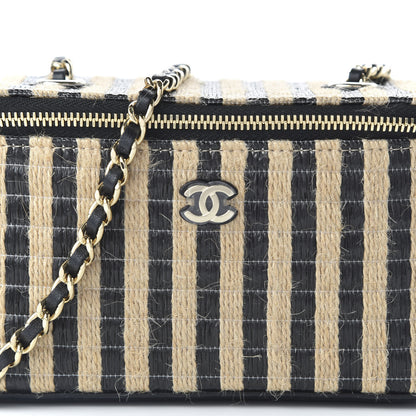 Chanel Raffia Jute Striped Small Vanity Case With Chain Black Beige 10 of 10